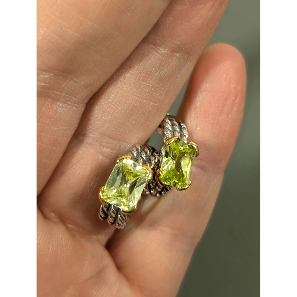 Silver‎ Tone Cable Huggie Hoop Earrings Green CZ Accent Pierced Designer Style